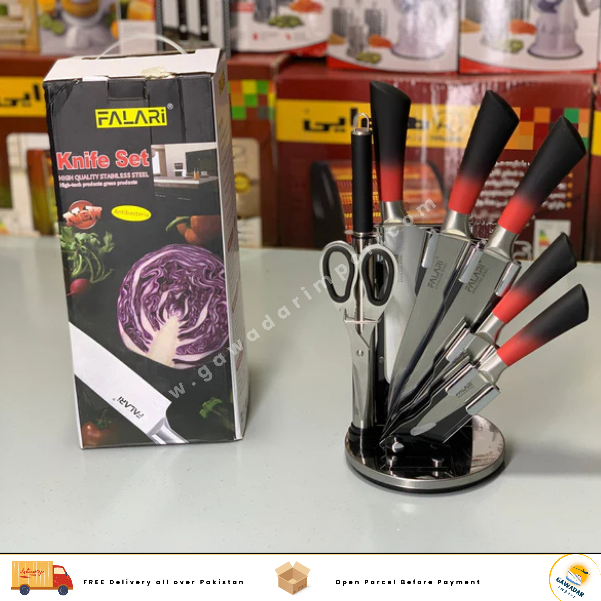 Falari Pure Stainless Steel Kitchen Knife Set 8 Pieces  with Rotating Stand